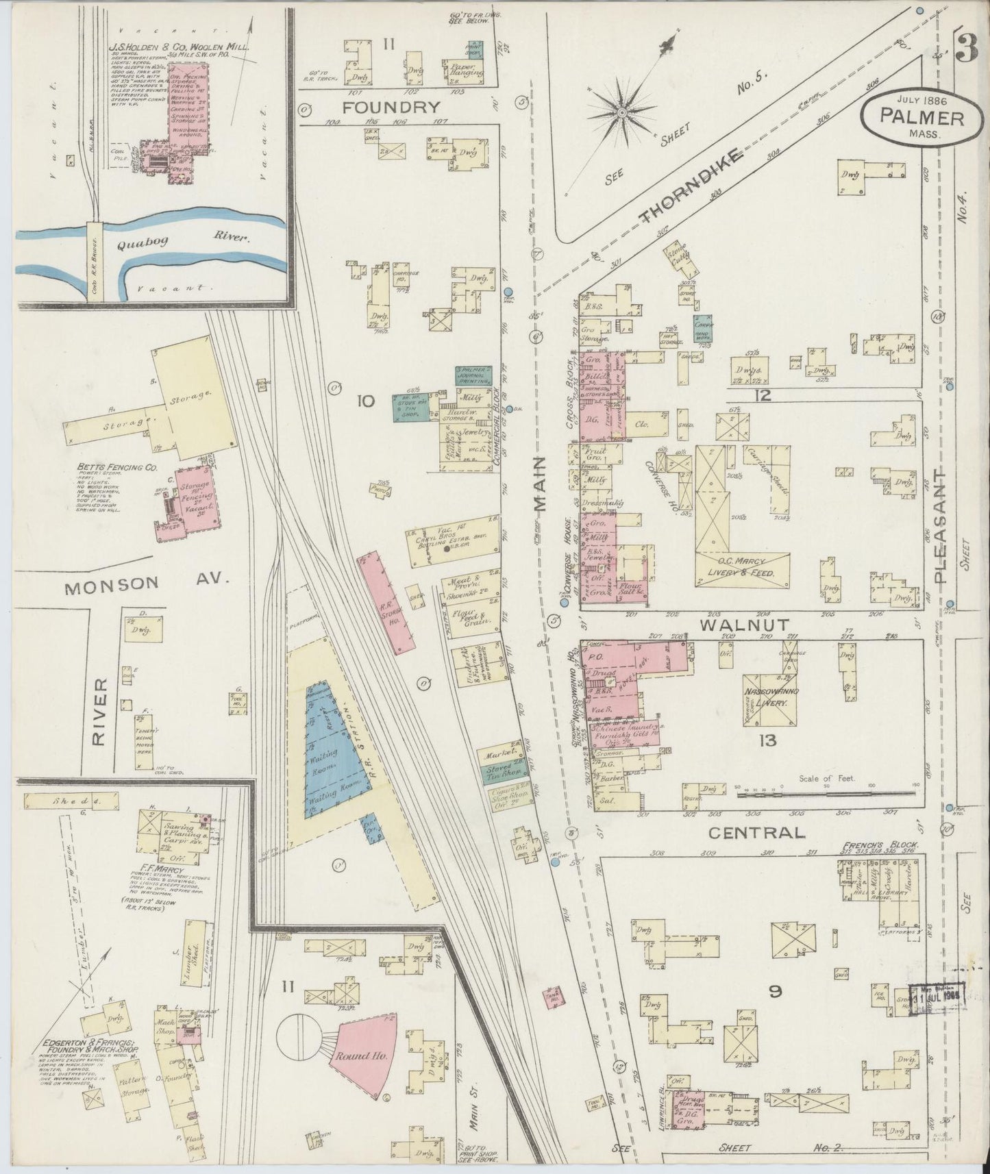 Sanborn Fire Insurance Map from Palmer, Hampden County, Massachusetts (1886), Sheet #0003 - Complete Map Set gallery image, historic Sanborn map, vintage wall art, Massachusetts Massachusetts