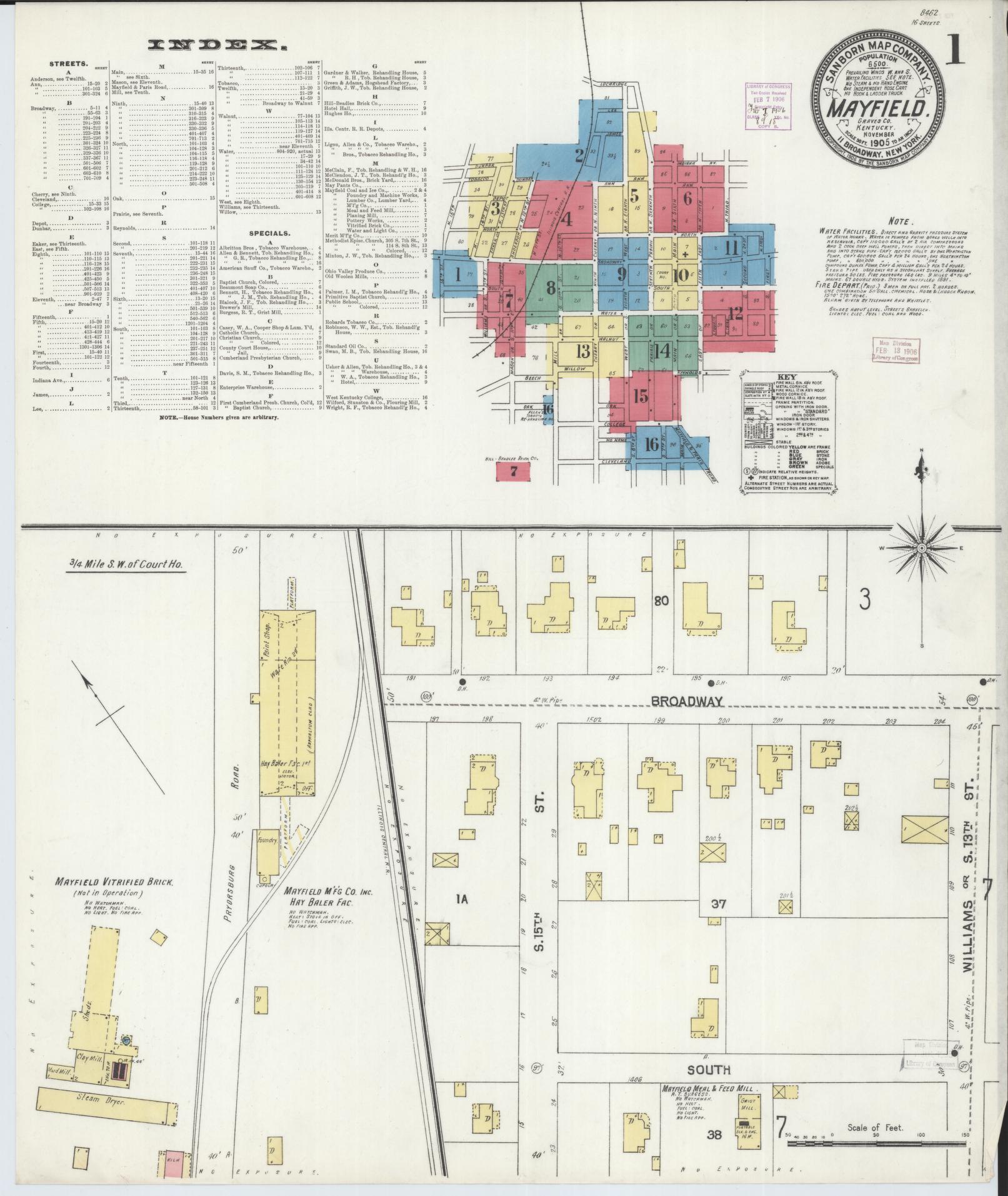 Sanborn Fire Insurance Map from Mayfield, Graves County, Kentucky (1905), Sheet #0001 - Complete Map Set gallery image, historic Sanborn map, vintage wall art, Kentucky Kentucky