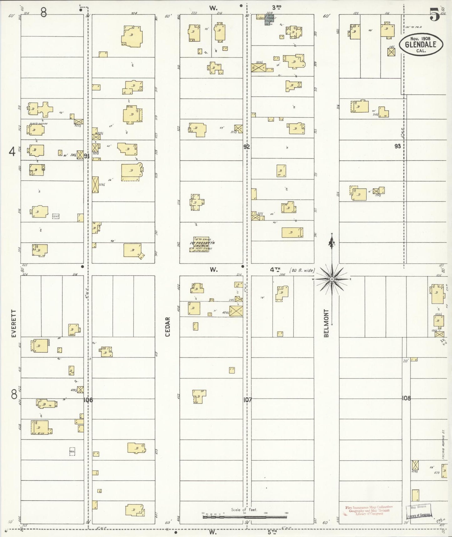 Sanborn Fire Insurance Map from Glendale, Los Angeles County, California (1908), Sheet #0005 - Historic Sanborn Fire Insurance Map Print, vintage old map wall art, antique decor, genealogy gift, California California map