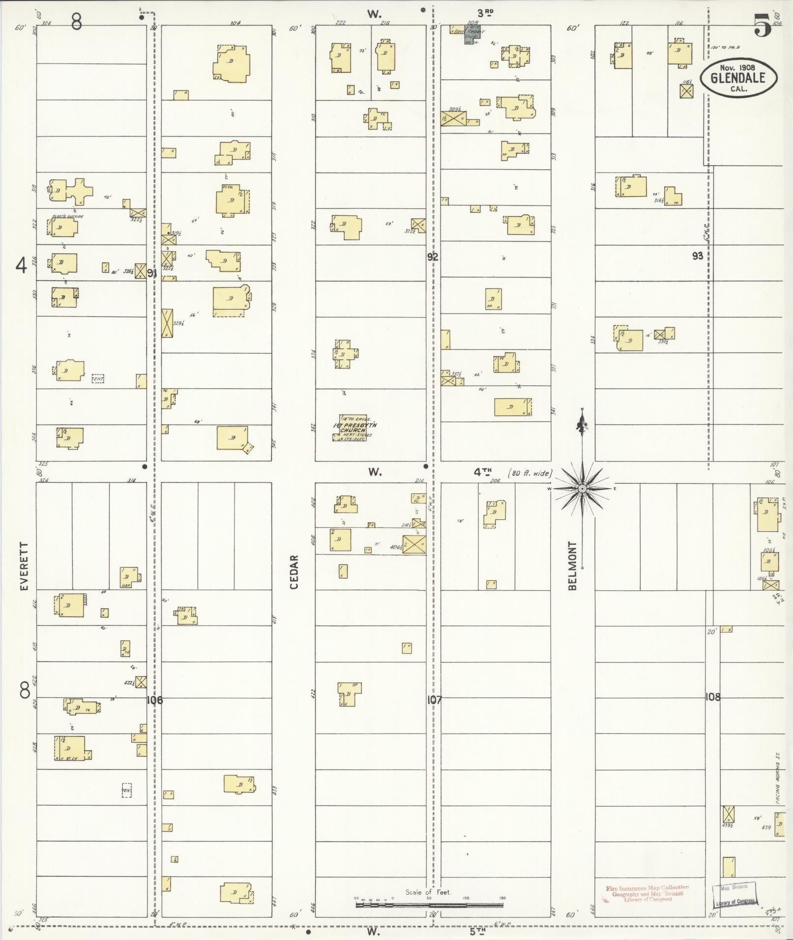Sanborn Fire Insurance Map from Glendale, Los Angeles County, California (1908), Sheet #0005 - Historic Sanborn Fire Insurance Map Print, vintage old map wall art, antique decor, genealogy gift, California California map