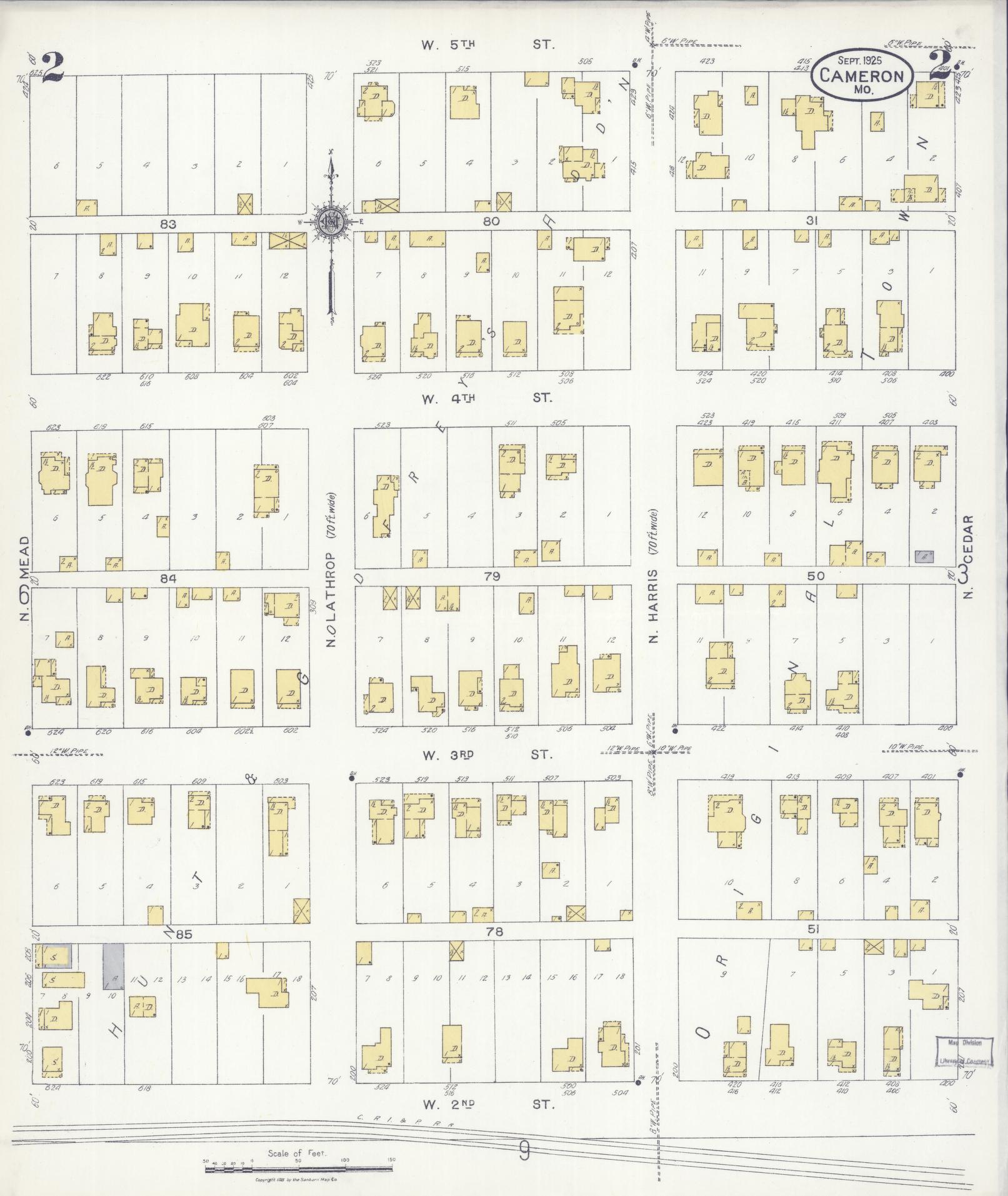 Sanborn Fire Insurance Map from Cameron, Clinton County, Missouri (1925), Sheet #0002 - Historic Sanborn Fire Insurance Map Print, vintage old map wall art, antique decor, genealogy gift, Missouri Missouri map