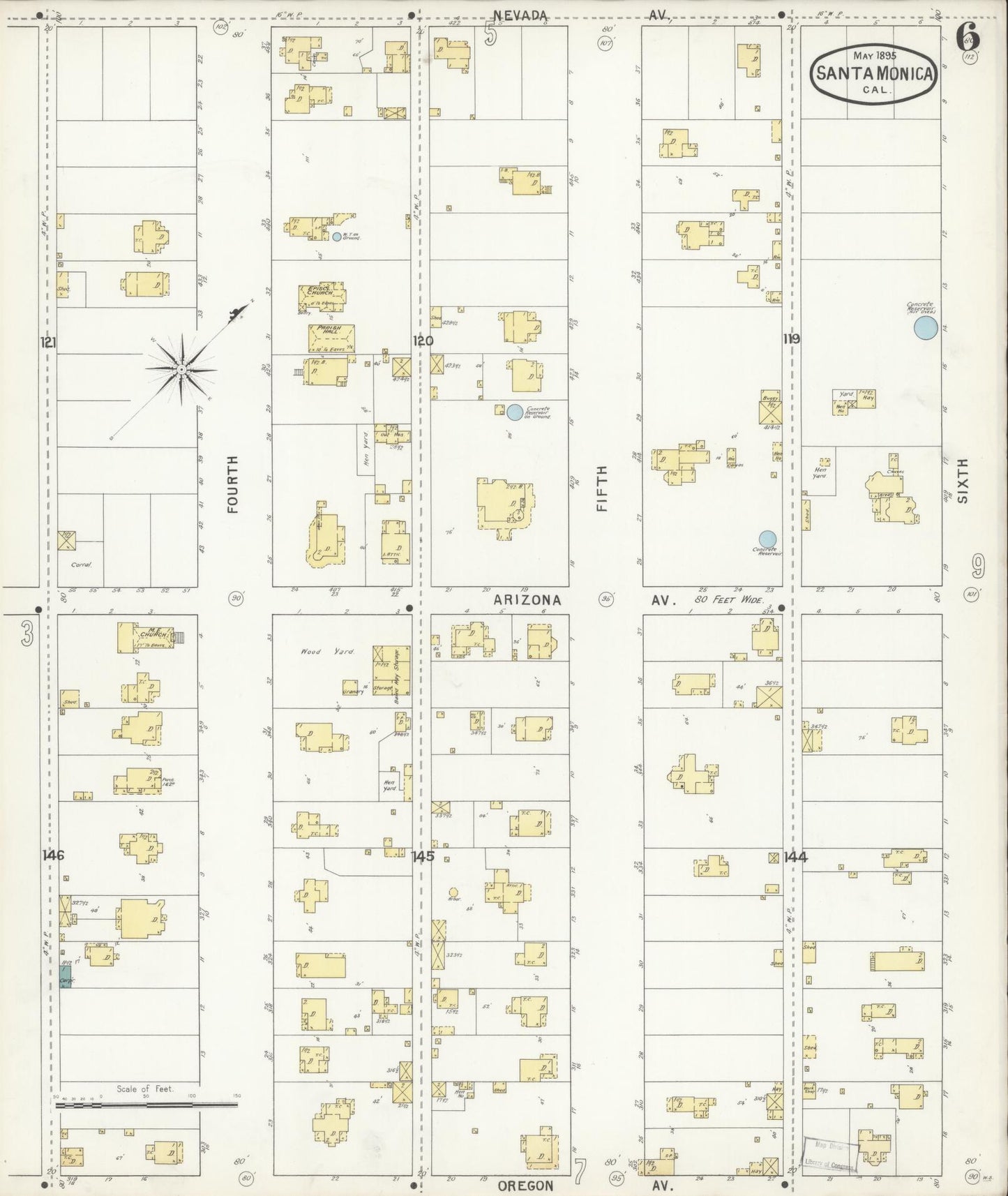 Sanborn Fire Insurance Map from Santa Monica, Los Angeles County, California (1895), Sheet #0006 - Complete Map Set gallery image, historic Sanborn map, vintage wall art, California California