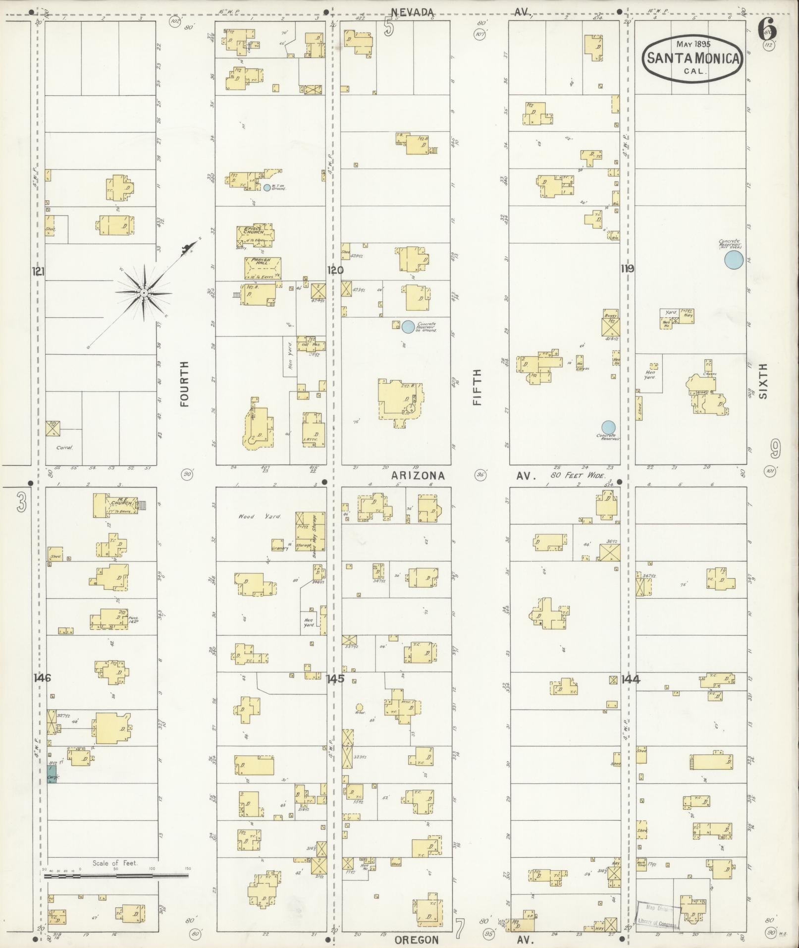 Sanborn Fire Insurance Map from Santa Monica, Los Angeles County, California (1895), Sheet #0006 - Complete Map Set gallery image, historic Sanborn map, vintage wall art, California California