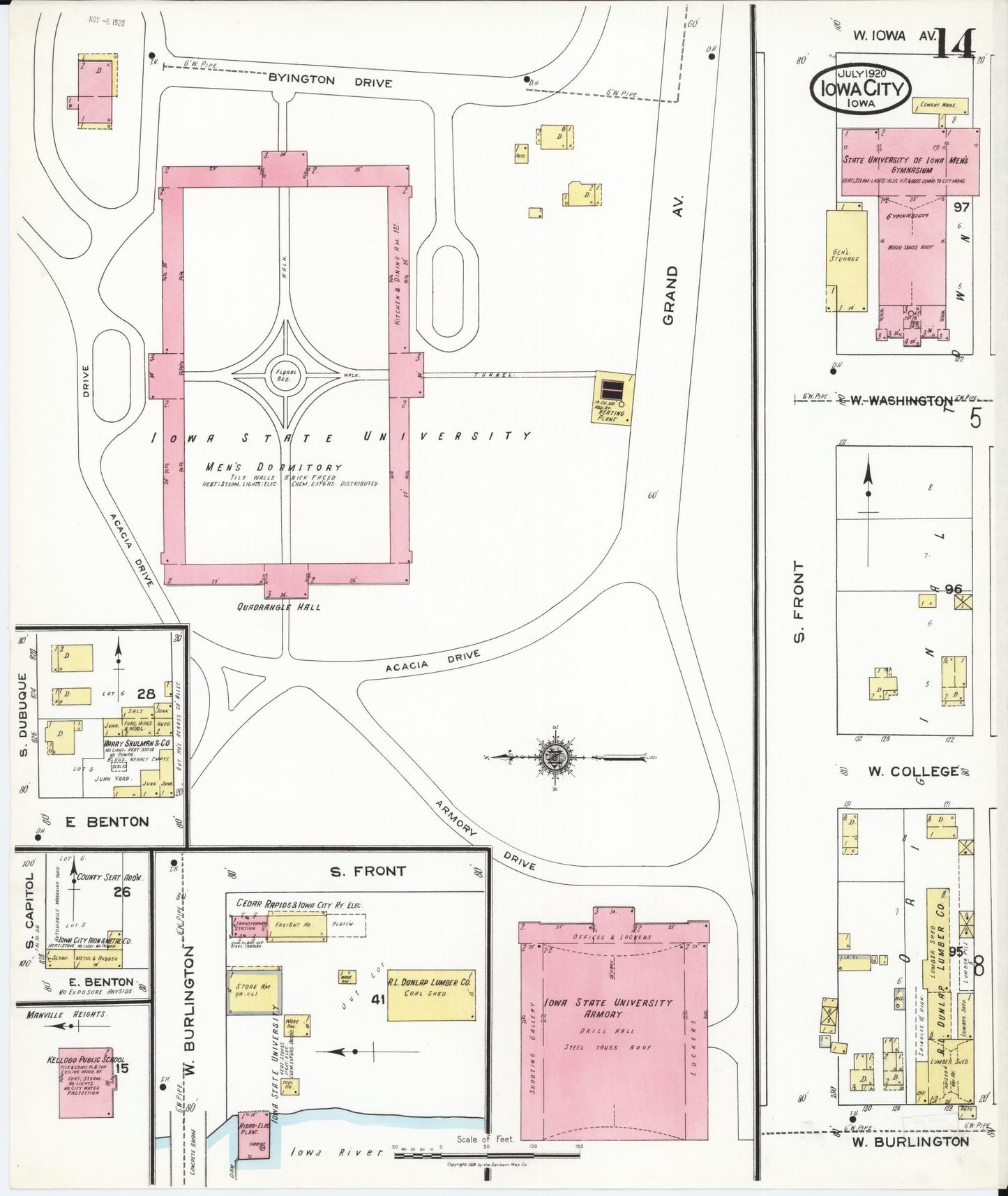 Sanborn Fire Insurance Map from Iowa City, Johnson County, Iowa (1920), Sheet #0014 - Historic Sanborn Fire Insurance Map Print, vintage old map wall art