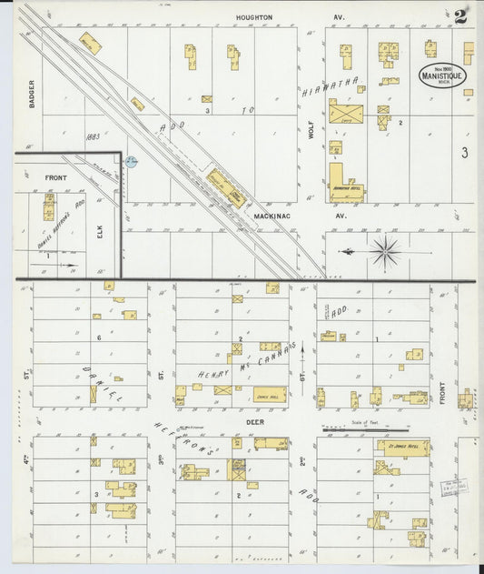 Sanborn Fire Insurance Map from Manistique, Schoolcraft County, Michigan (1900), Sheet #0002 - Historic Sanborn Fire Insurance Map Print, vintage old map wall art, antique decor, genealogy gift, Michigan Michigan map