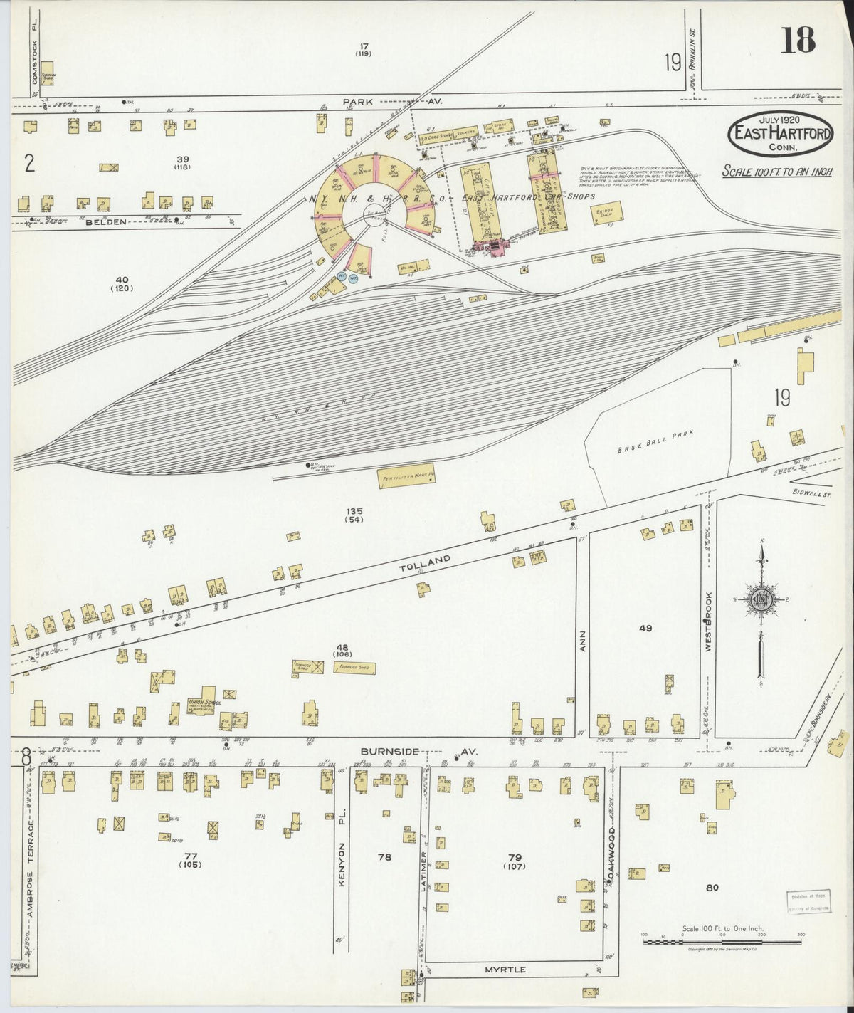 Sanborn Fire Insurance Map from East Hartford, Hartford County, Connecticut (1920), Sheet #0018 - Historic Sanborn Fire Insurance Map Print, vintage old map wall art, antique decor, genealogy gift, Connecticut Connecticut map