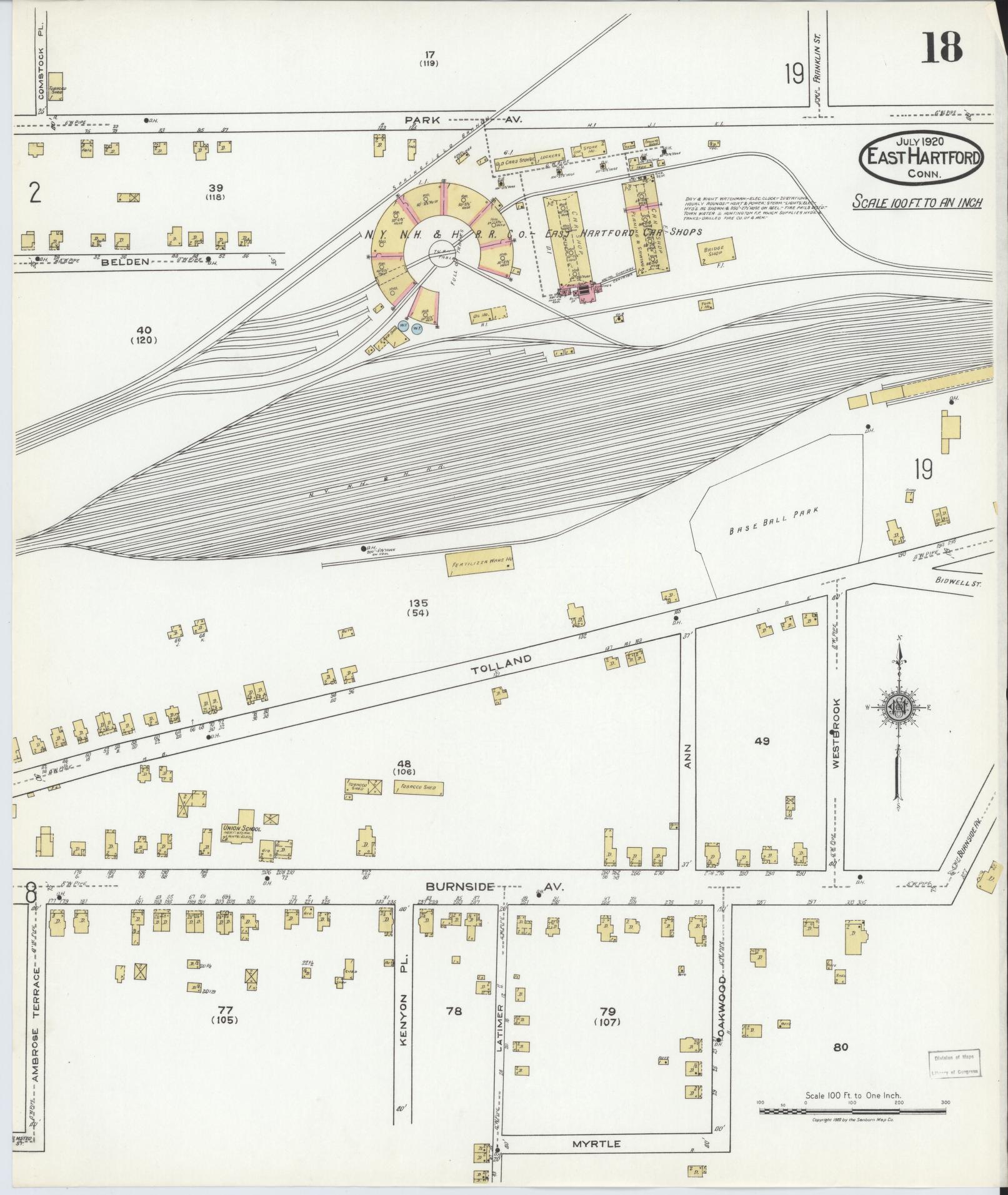 Sanborn Fire Insurance Map from East Hartford, Hartford County, Connecticut (1920), Sheet #0018 - Historic Sanborn Fire Insurance Map Print, vintage old map wall art, antique decor, genealogy gift, Connecticut Connecticut map