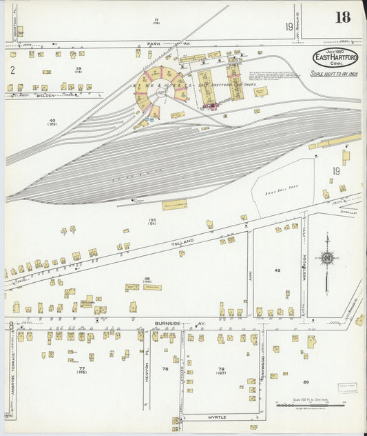 Sanborn Fire Insurance Map from East Hartford, Hartford County, Connecticut (1920), Sheet #0018 - Historic Sanborn Fire Insurance Map Print, vintage old map wall art, antique decor, genealogy gift, Connecticut Connecticut map