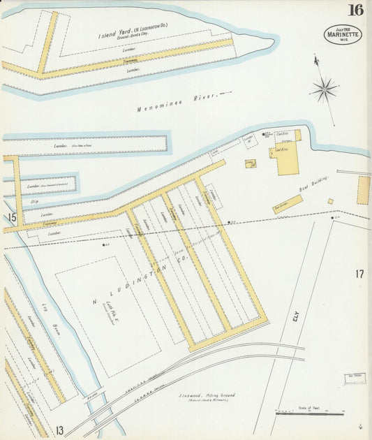 Sanborn Fire Insurance Map from Marinette, Marinette County, Wisconsin (1901), Sheet #0016 - Historic Sanborn Fire Insurance Map Print, vintage old map wall art, antique decor, genealogy gift, Wisconsin Wisconsin map