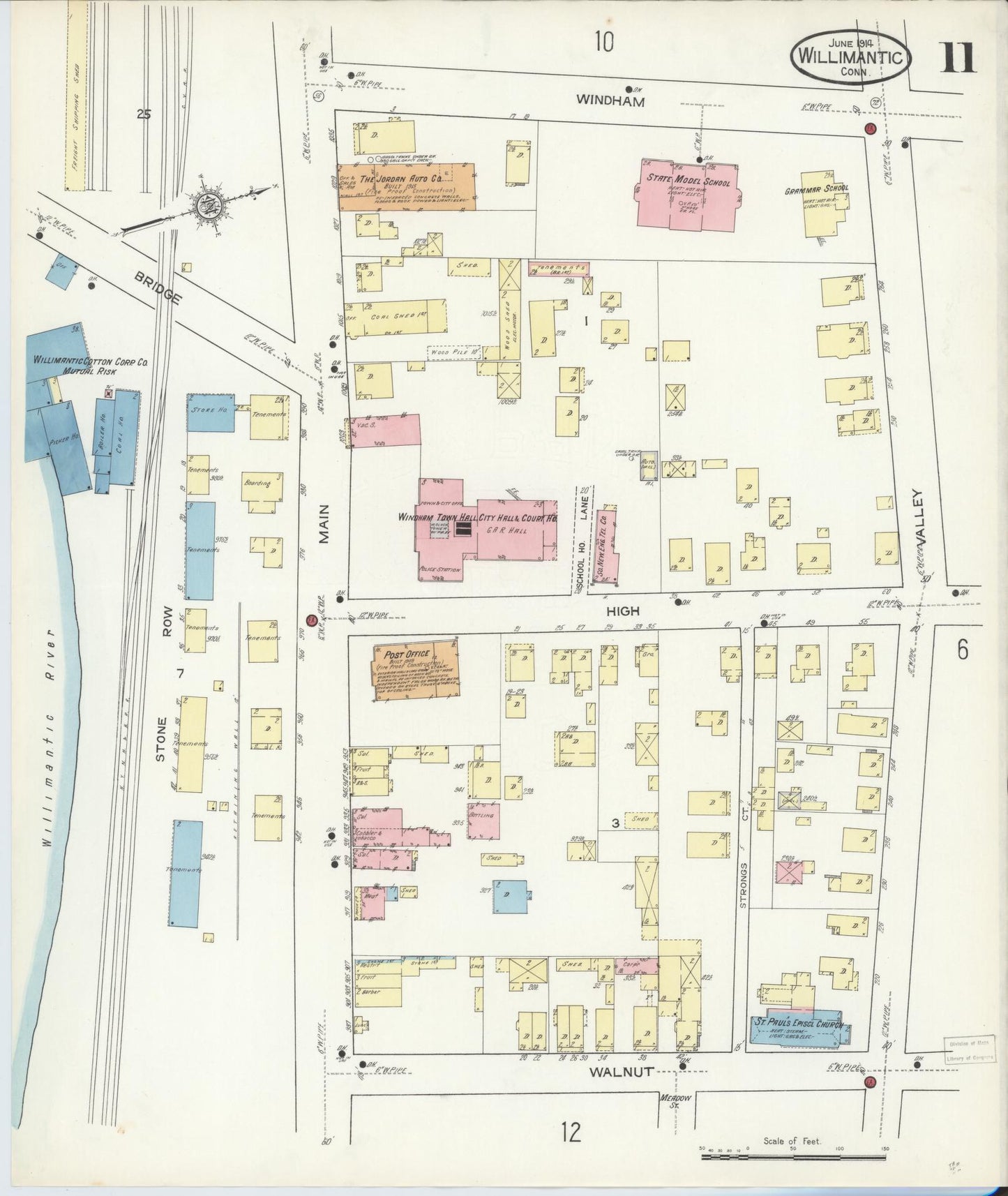 Sanborn Fire Insurance Map from Willimantic, Windham County, Connecticut (1914), Sheet #0011 - Historic Sanborn Fire Insurance Map Print, vintage old map wall art, antique decor, genealogy gift, Connecticut Connecticut map