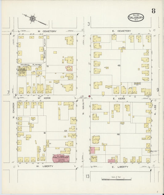 Sanborn Fire Insurance Map from Salisbury, Rowan County, North Carolina (1913), Sheet #0008 - Historic Sanborn Fire Insurance Map Print, vintage old map wall art, antique decor, genealogy gift, North Carolina North Carolina map
