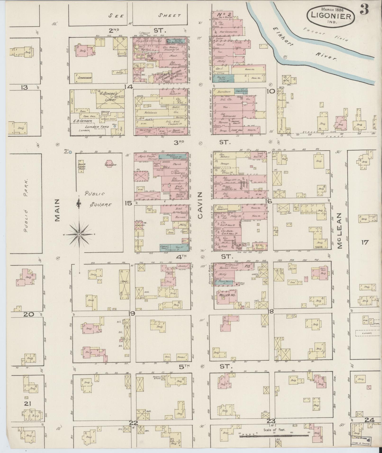 Sanborn Fire Insurance Map from Ligonier, Noble County, Indiana (1886), Sheet #0003 - Complete Map Set gallery image, historic Sanborn map, vintage wall art, Indiana Indiana
