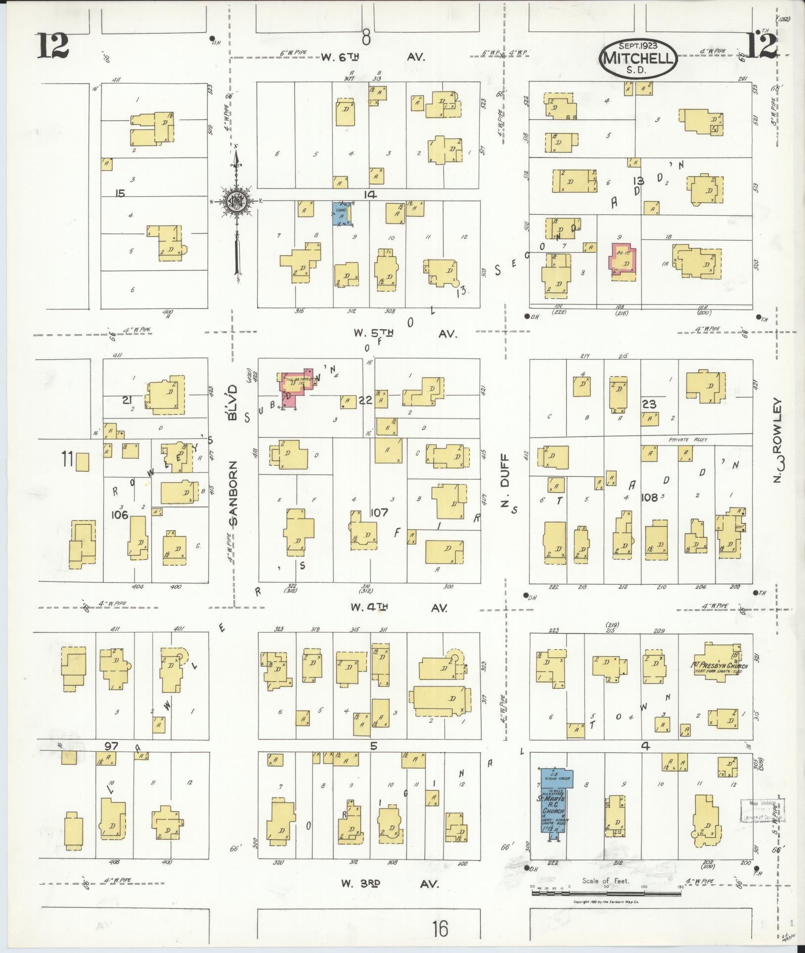 Sanborn Fire Insurance Map from Mitchell, Davison County, South Dakota (1923), Sheet #0012 - Complete Map Set gallery image, historic Sanborn map, vintage wall art, South Dakota South Dakota