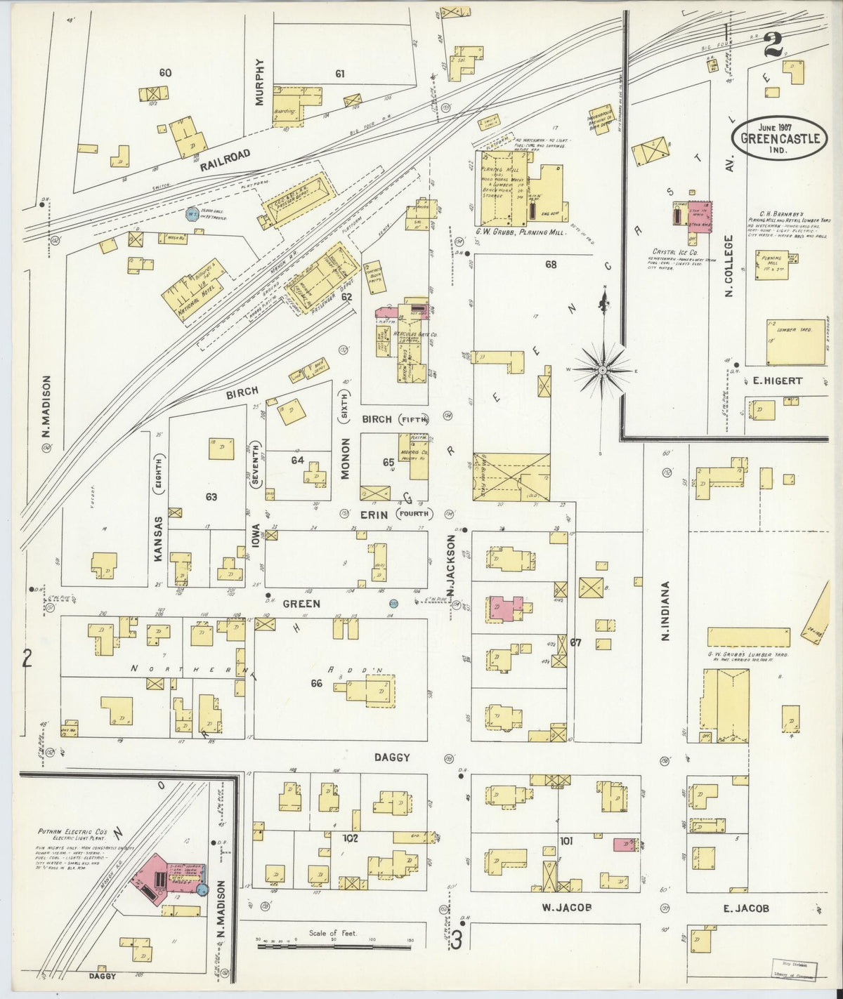 Sanborn Fire Insurance Map from Greencastle, Putnam County, Indiana (1907), Sheet #0002 - Historic Sanborn Fire Insurance Map Print, vintage old map wall art, antique decor, genealogy gift, Indiana Indiana map