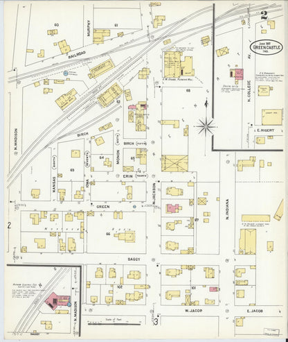 Sanborn Fire Insurance Map from Greencastle, Putnam County, Indiana (1907), Sheet #0002 - Historic Sanborn Fire Insurance Map Print, vintage old map wall art, antique decor, genealogy gift, Indiana Indiana map