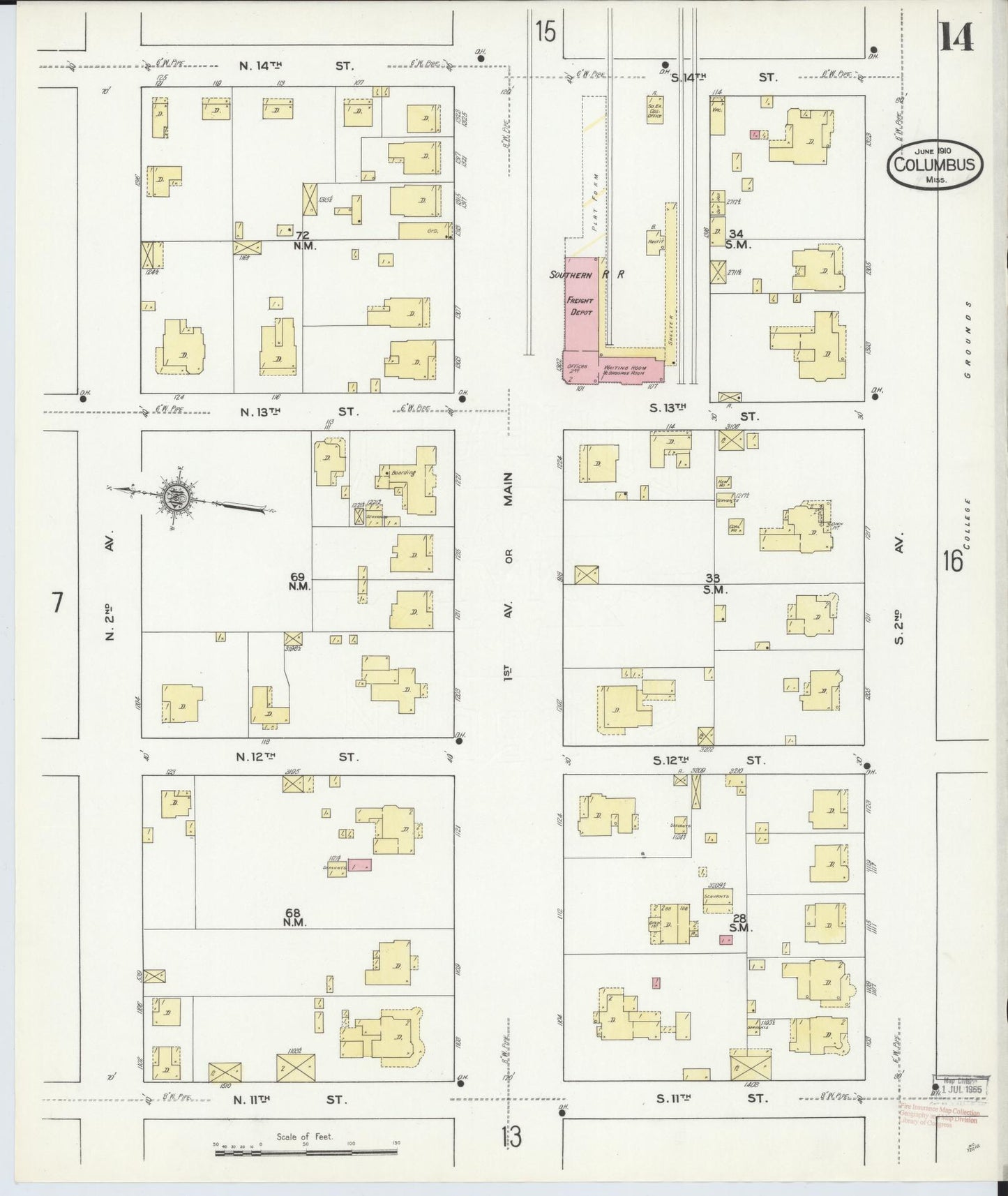 Sanborn Fire Insurance Map from Columbus, Lowndes County, Mississippi (1910), Sheet #0014 - Complete Map Set gallery image, historic Sanborn map, vintage wall art, Mississippi Mississippi
