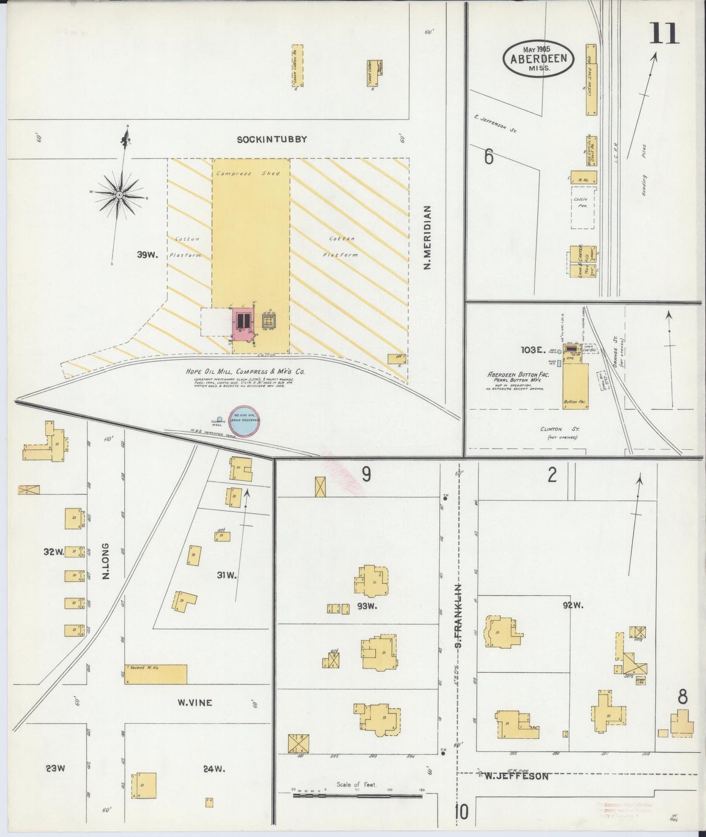 Sanborn Fire Insurance Map from Aberdeen, Monroe County, Mississippi (1905), Sheet #0011 - Complete Map Set gallery image, historic Sanborn map, vintage wall art, Mississippi Mississippi