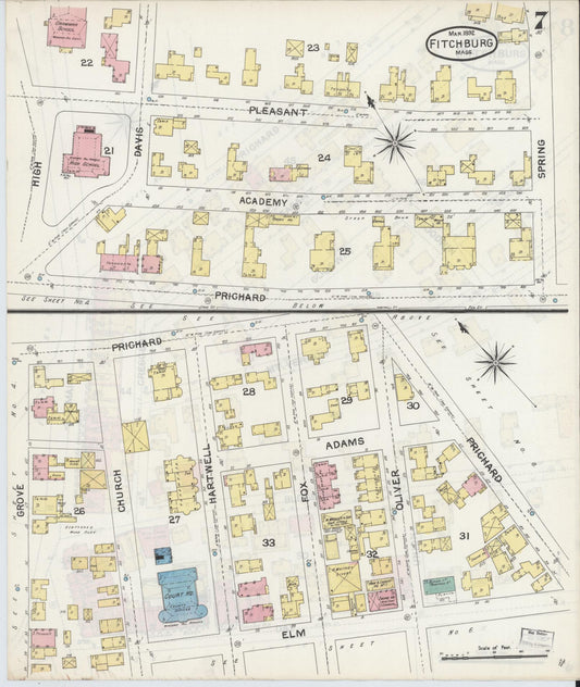 Sanborn Fire Insurance Map from Fitchburg, Worcester County, Massachusetts (1892), Sheet #0007 - Historic Sanborn Fire Insurance Map Print, vintage old map wall art, antique decor, genealogy gift, Massachusetts Massachusetts map