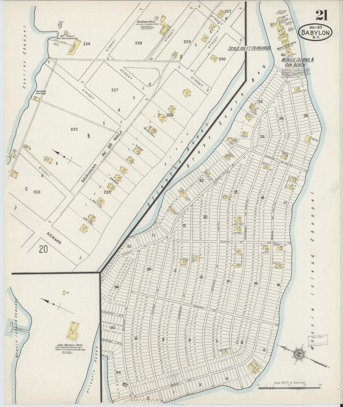 Sanborn Fire Insurance Map from Babylon, Suffolk County, New York (1915), Sheet #0021 - Historic Sanborn Fire Insurance Map Print, vintage old map wall art, antique decor, genealogy gift, New York New York map
