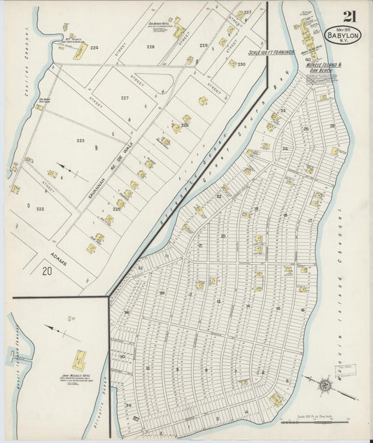 Sanborn Fire Insurance Map from Babylon, Suffolk County, New York (1915), Sheet #0021 - Historic Sanborn Fire Insurance Map Print, vintage old map wall art, antique decor, genealogy gift, New York New York map