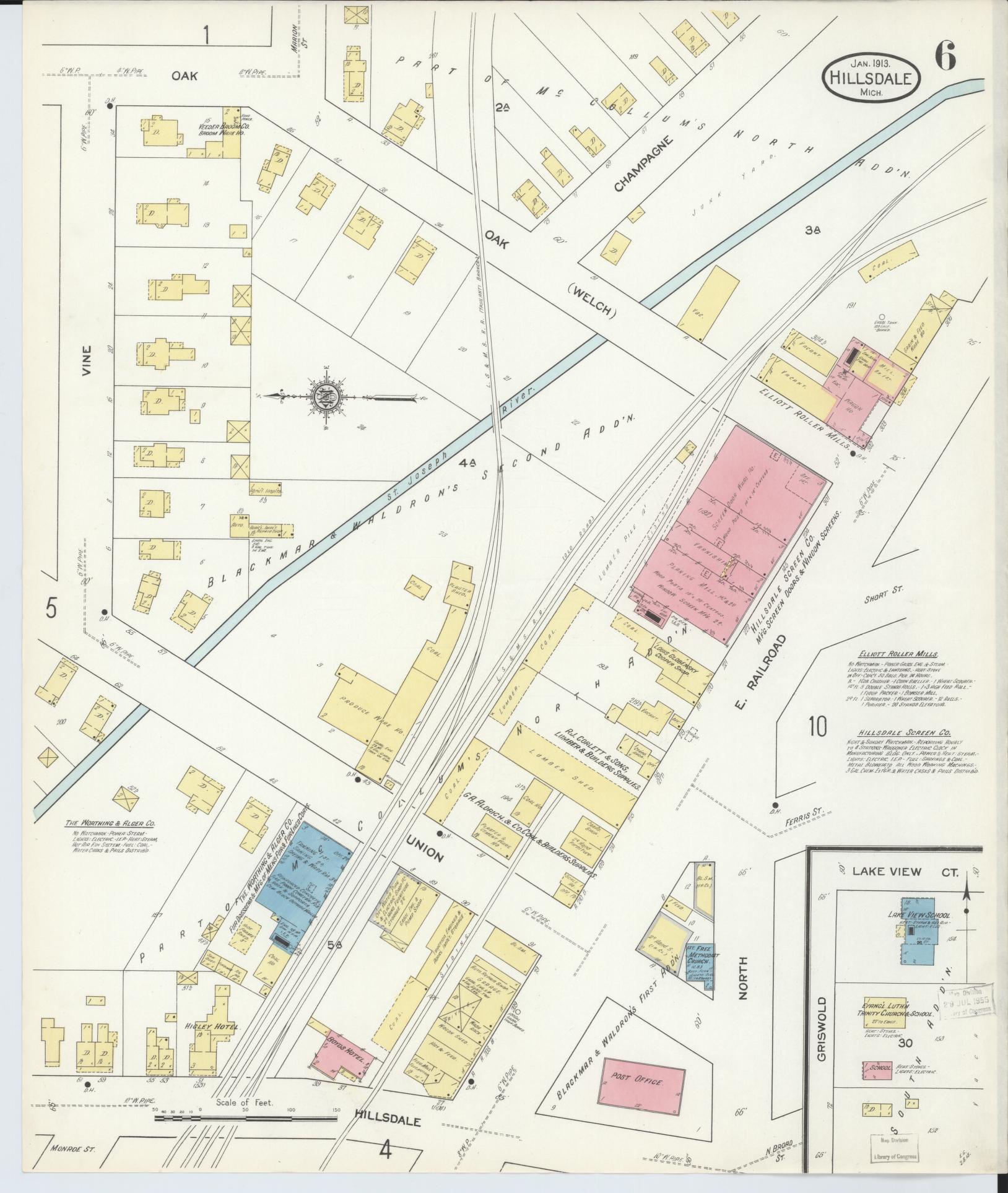 Sanborn Fire Insurance Map from Hillsdale, Hillsdale County, Michigan (1913), Sheet #0006 - Complete Map Set gallery image, historic Sanborn map, vintage wall art, Michigan Michigan