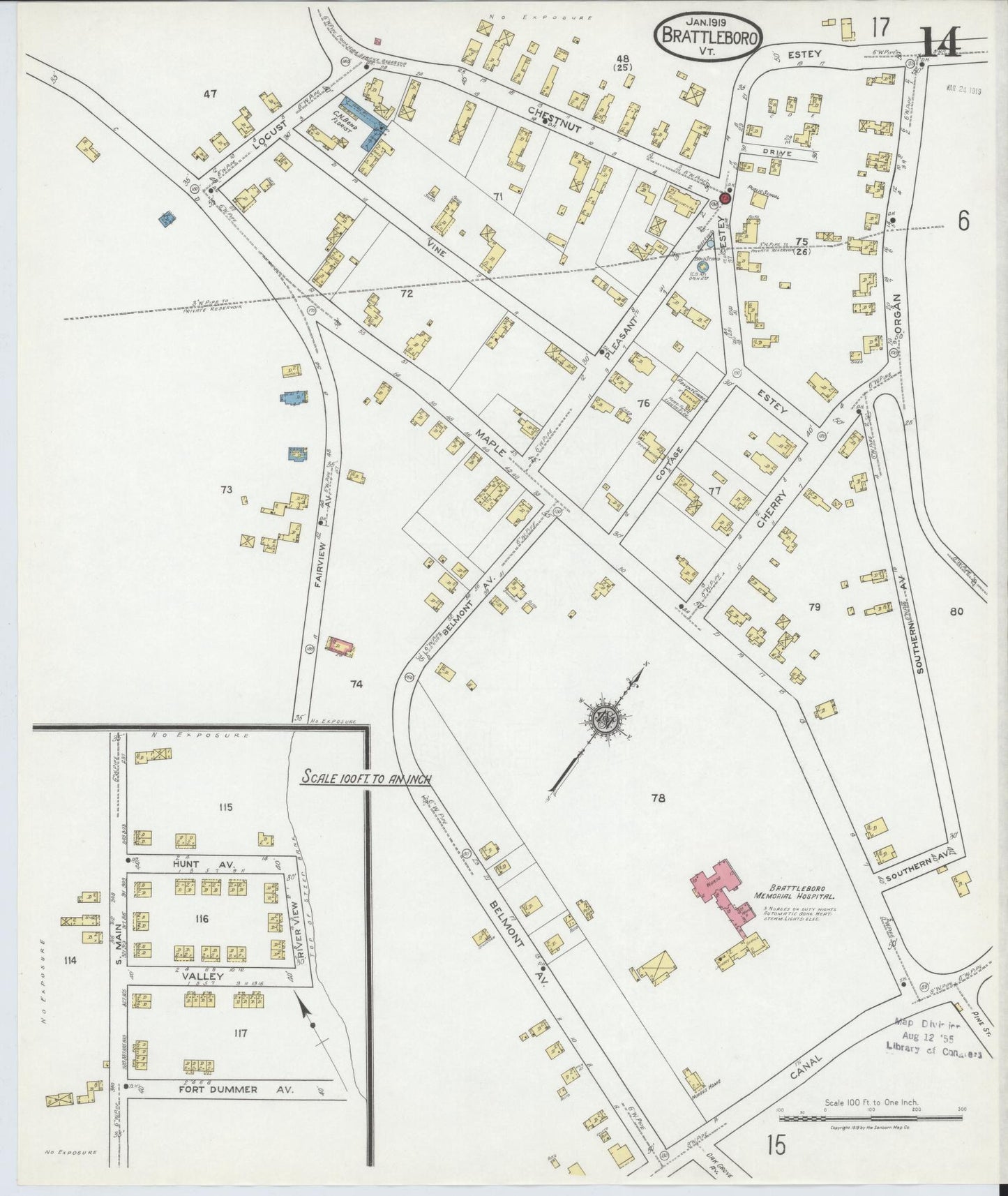 Sanborn Fire Insurance Map from Brattleboro, Windham County, Vermont (1919), Sheet #0014 - Complete Map Set gallery image, historic Sanborn map, vintage wall art, Vermont Vermont
