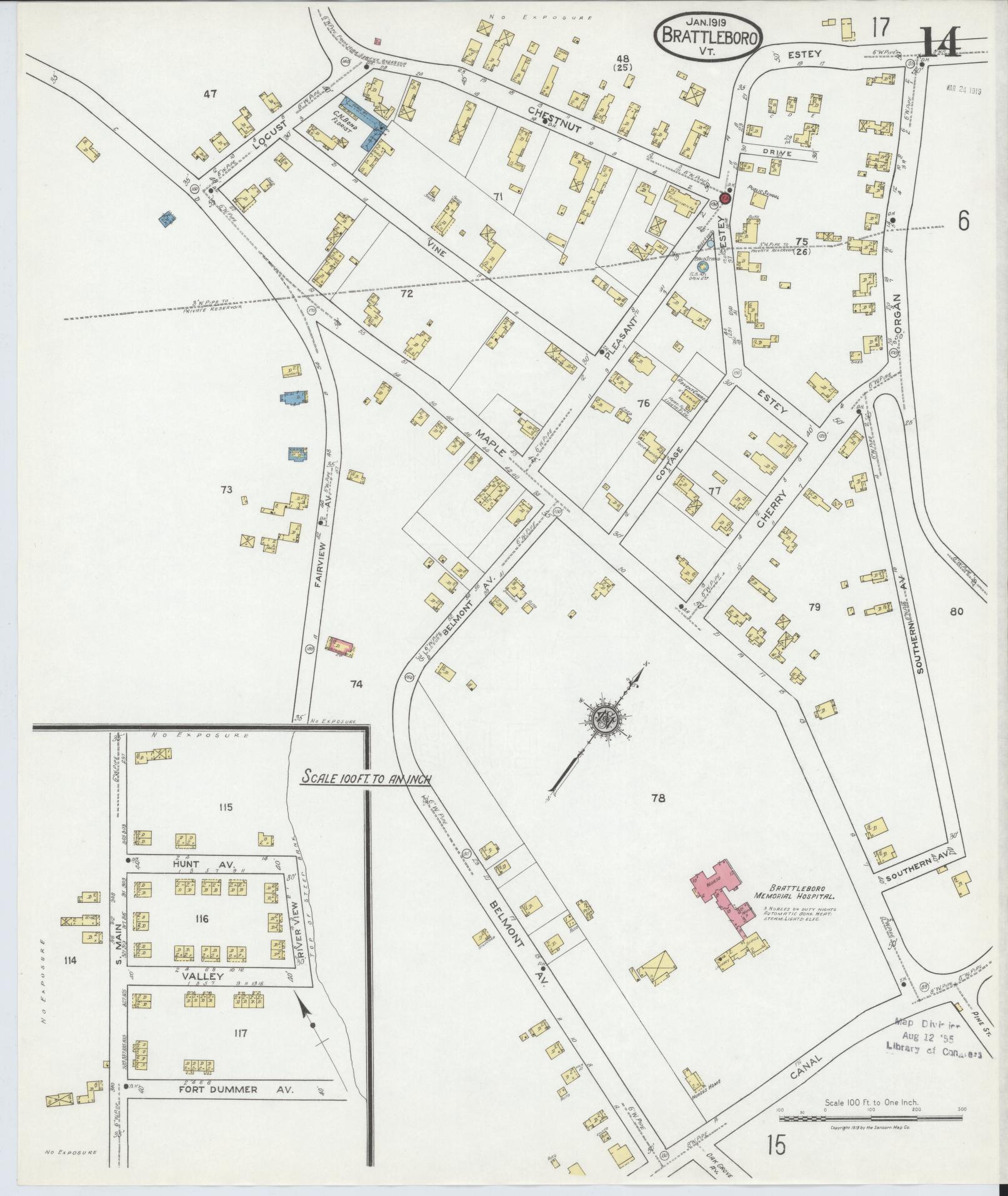 Sanborn Fire Insurance Map from Brattleboro, Windham County, Vermont (1919), Sheet #0014 - Complete Map Set gallery image, historic Sanborn map, vintage wall art, Vermont Vermont