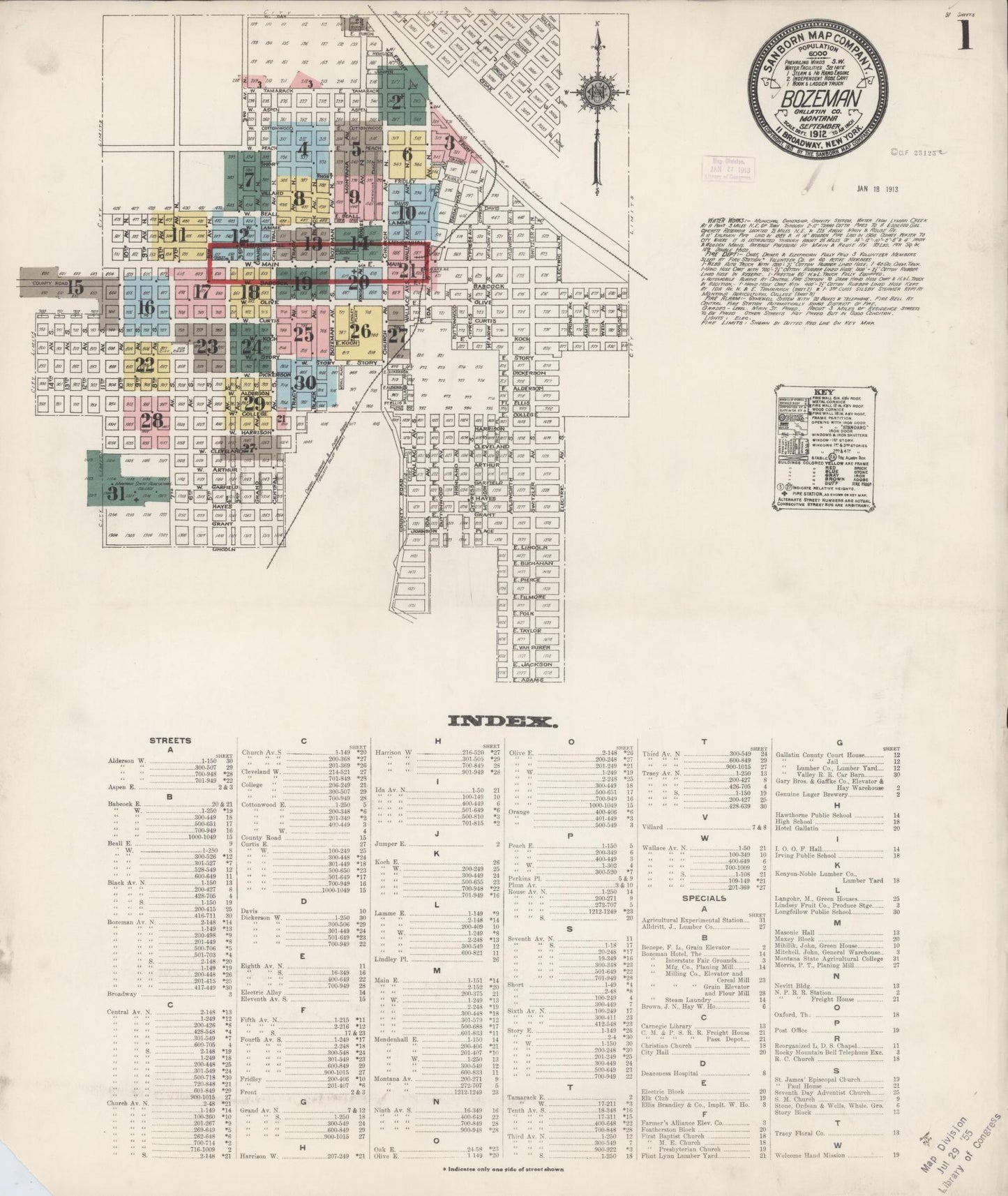 Sanborn Fire Insurance Map from Bozeman, Gallatin County, Montana (1912), Sheet #0001 - Complete Map Set gallery image, historic Sanborn map, vintage wall art, Montana Montana