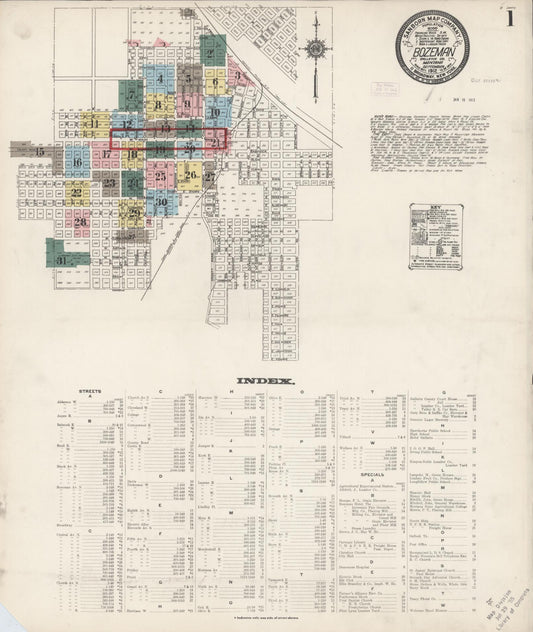 Sanborn Fire Insurance Map from Bozeman, Gallatin County, Montana (1912), Sheet #0001 - Complete Map Set gallery image, historic Sanborn map, vintage wall art, Montana Montana