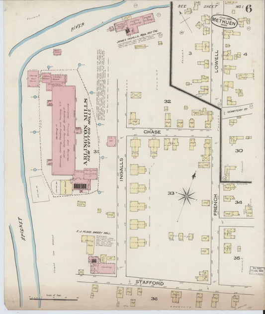 Sanborn Fire Insurance Map from Methuen, Essex County, Massachusetts (1885), Sheet #0006 - Historic Sanborn Fire Insurance Map Print, vintage old map wall art, antique decor, genealogy gift, Massachusetts Massachusetts map