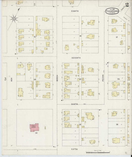 Sanborn Fire Insurance Map from Texarkana, Bowie County, Texas (1896), Sheet #0002 - Historic Sanborn Fire Insurance Map Print, vintage old map wall art, antique decor, genealogy gift, Texas Texas map