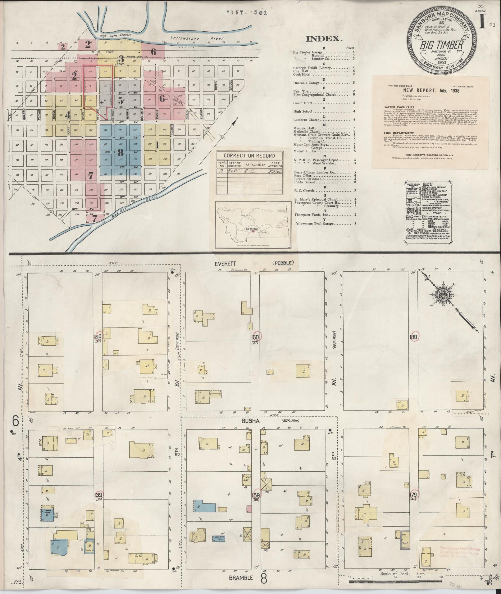 Sanborn Fire Insurance Map from Big Timber, Sweet Grass County, Montana (1938), Sheet #0001 - Historic Sanborn Fire Insurance Map Print, vintage old map wall art, antique decor, genealogy gift, Montana Montana map