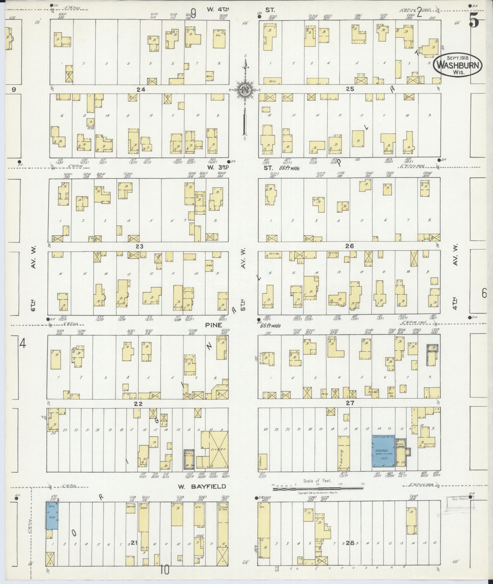 Sanborn Fire Insurance Map from Washburn, Bayfield County, Wisconsin (1918), Sheet #0005 - Historic Sanborn Fire Insurance Map Print, vintage old map wall art, antique decor, genealogy gift, Wisconsin Wisconsin map