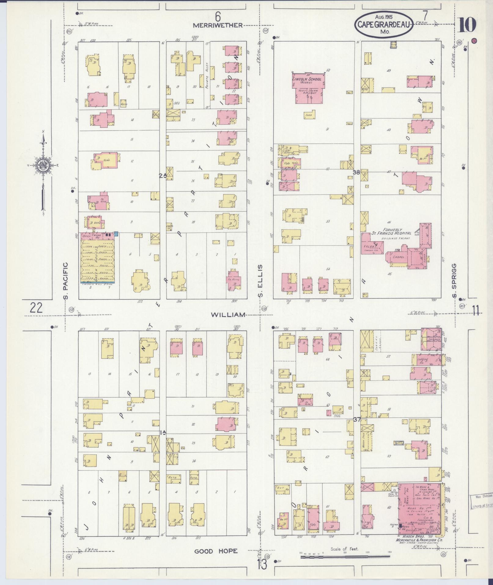 Sanborn Fire Insurance Map from Cape Girardeau, Cape Girardeau County, Missouri (1915), Sheet #0010 - Historic Sanborn Fire Insurance Map Print, vintage old map wall art, antique decor, genealogy gift, Missouri Missouri map