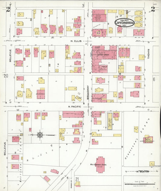 Sanborn Fire Insurance Map from Cape Girardeau, Cape Girardeau County, Missouri (1923), Sheet #0002 - Historic Sanborn Fire Insurance Map Print, vintage old map wall art, antique decor, genealogy gift, Missouri Missouri map