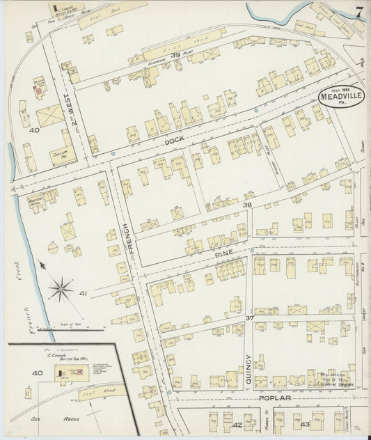 Sanborn Fire Insurance Map from Meadville, Crawford County, Pennsylvania (1886), Sheet #0007 - Historic Sanborn Fire Insurance Map Print, vintage old map wall art, antique decor, genealogy gift, Pennsylvania Pennsylvania map