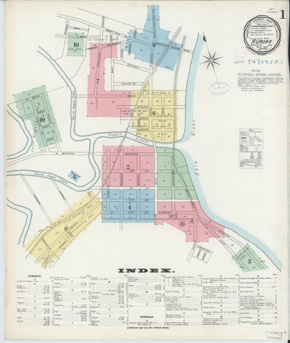 Sanborn Fire Insurance Map from Aurora, Dearborn County, Indiana (1897), Sheet #0001 - Historic Sanborn Fire Insurance Map Print, vintage old map wall art, antique decor, genealogy gift, Indiana Indiana map