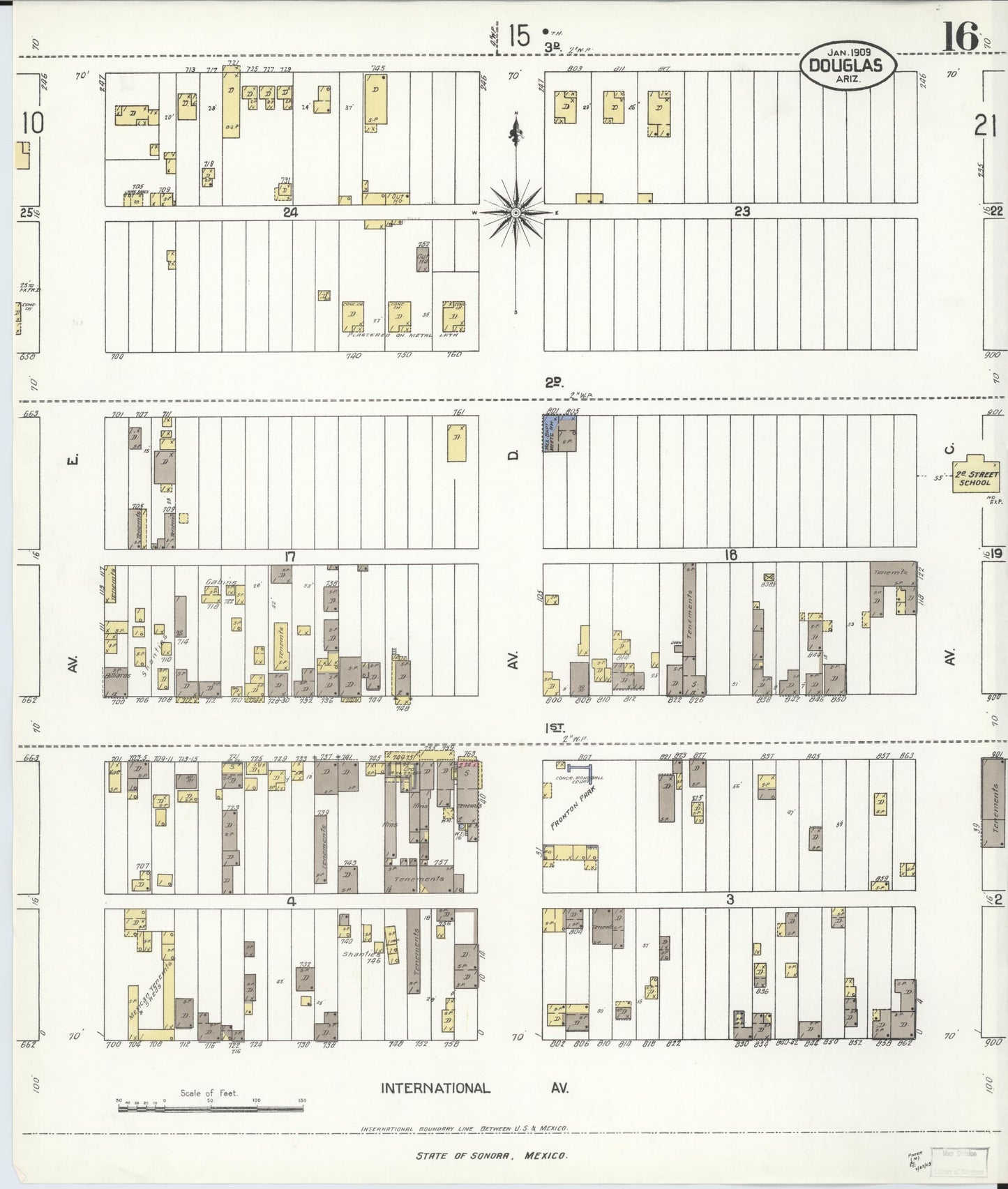 Sanborn Fire Insurance Map from Douglas, Cochise County, Arizona (1909), Sheet #0016 - Complete Map Set gallery image, historic Sanborn map, vintage wall art, Arizona Arizona