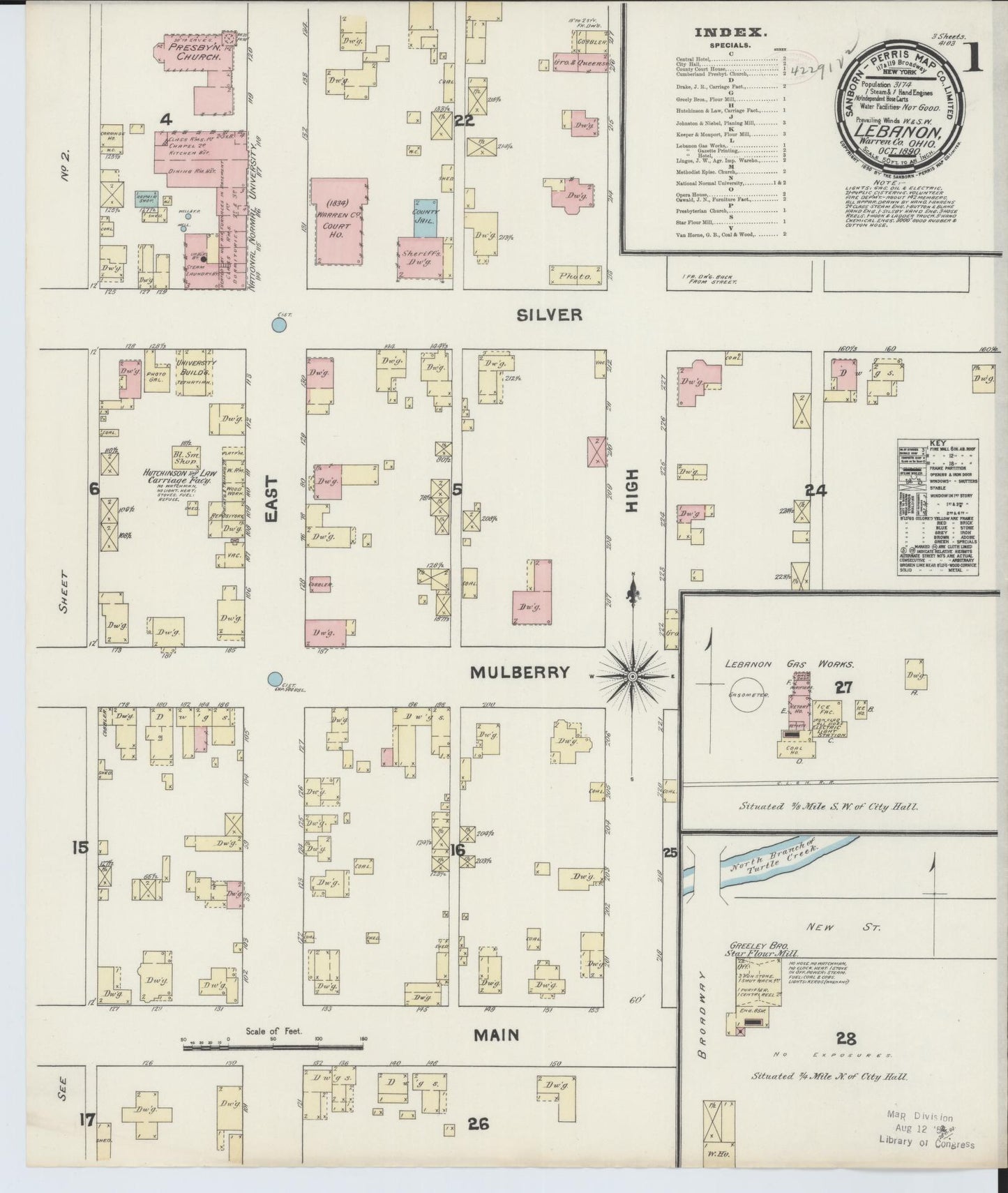 Sanborn Fire Insurance Map from Lebanon, Warren County, Ohio (1890), Sheet #0001 - Historic Sanborn Fire Insurance Map Print, vintage old map wall art, antique decor, genealogy gift, Ohio Ohio map