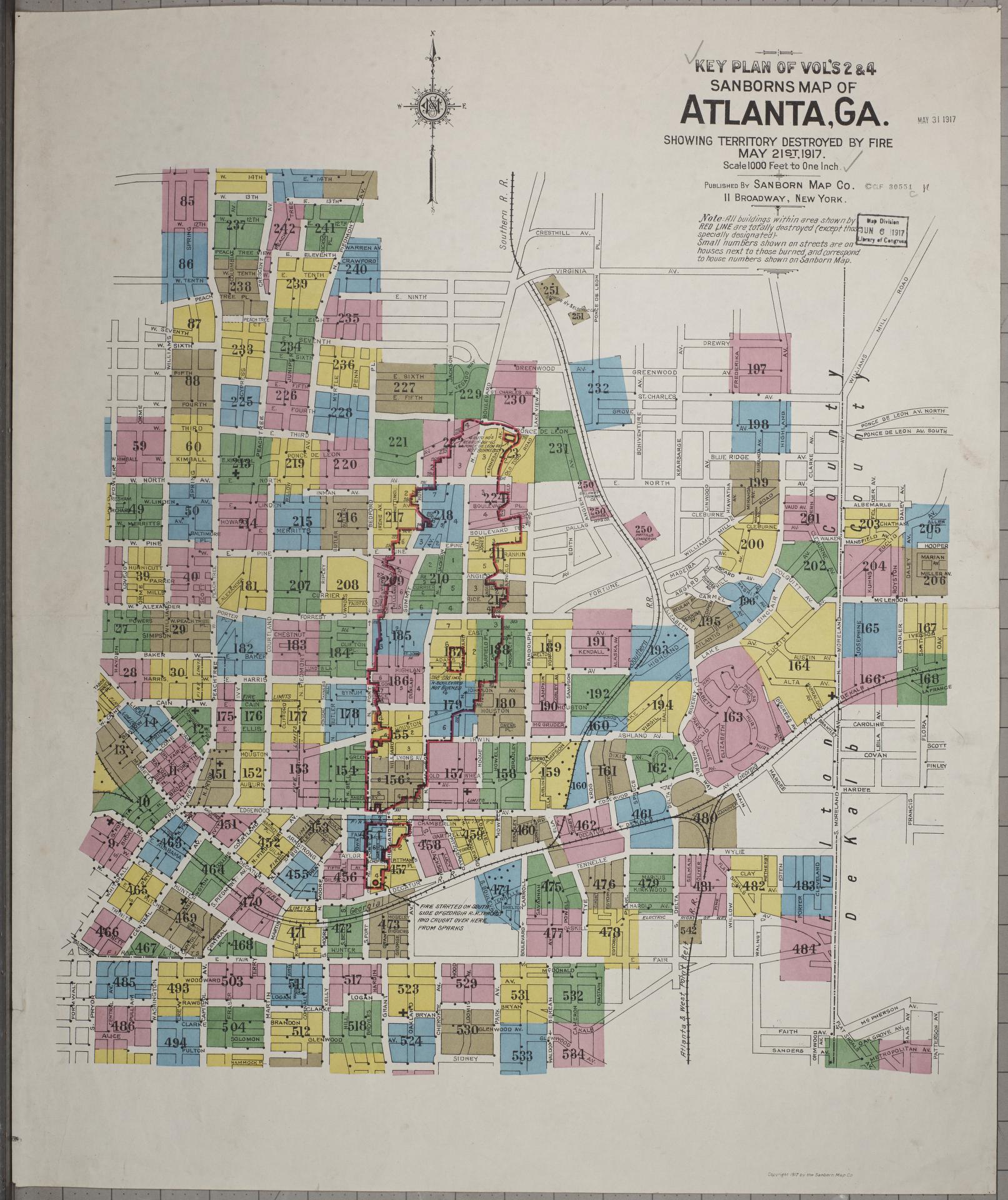 Sanborn Fire Insurance Map from Atlanta, Fulton  County, Georgia (1917), Sheet #0001 - Historic Sanborn Fire Insurance Map Print, vintage old map wall art, antique decor, genealogy gift, Georgia Georgia map