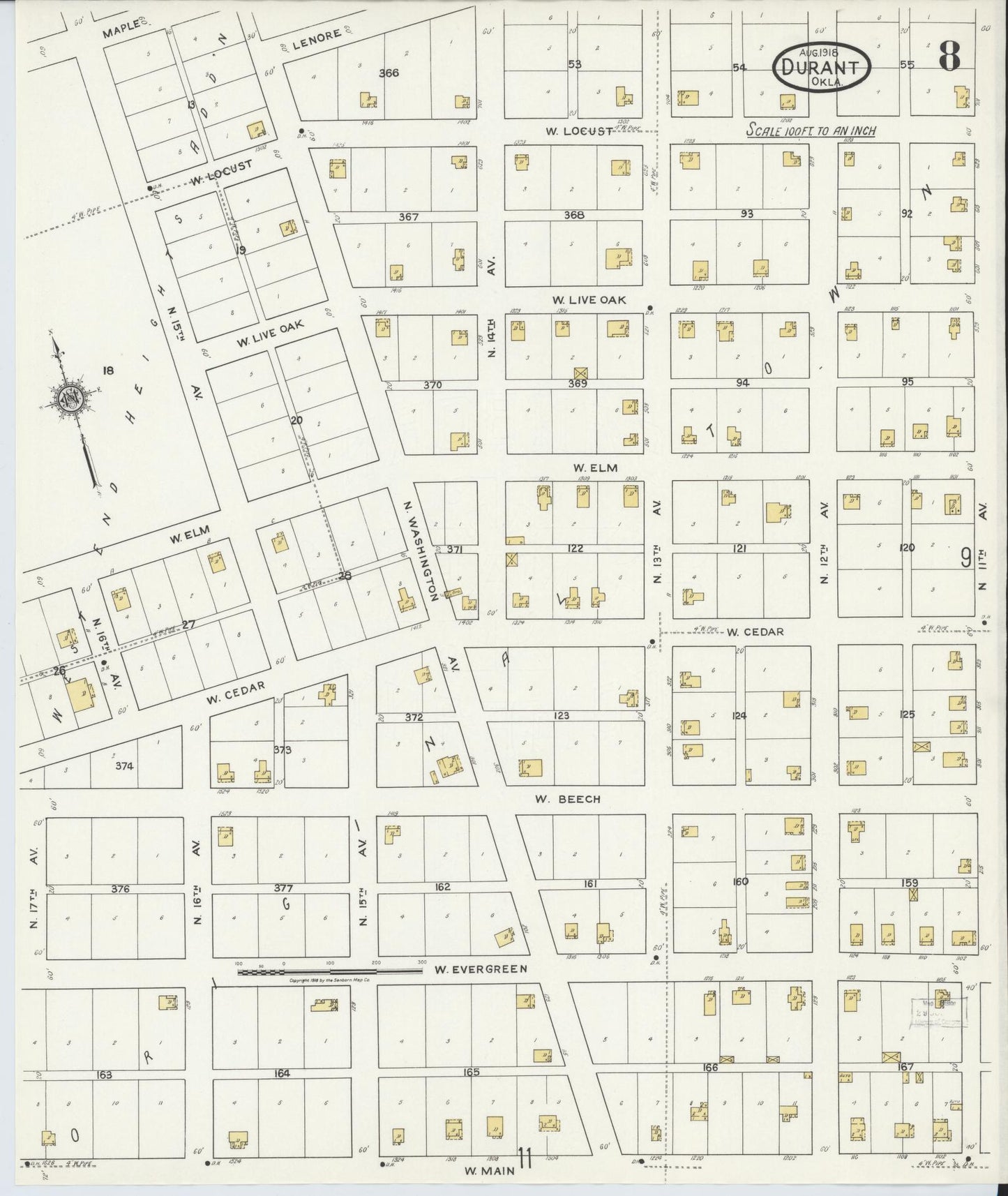 Sanborn Fire Insurance Map from Durant, Bryan County, Oklahoma (1918), Sheet #0008 - Complete Map Set gallery image, historic Sanborn map, vintage wall art, Oklahoma Oklahoma