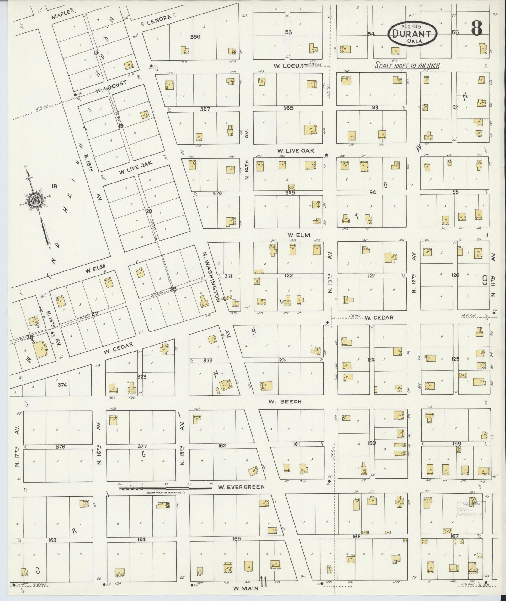 Sanborn Fire Insurance Map from Durant, Bryan County, Oklahoma (1918), Sheet #0008 - Complete Map Set gallery image, historic Sanborn map, vintage wall art, Oklahoma Oklahoma