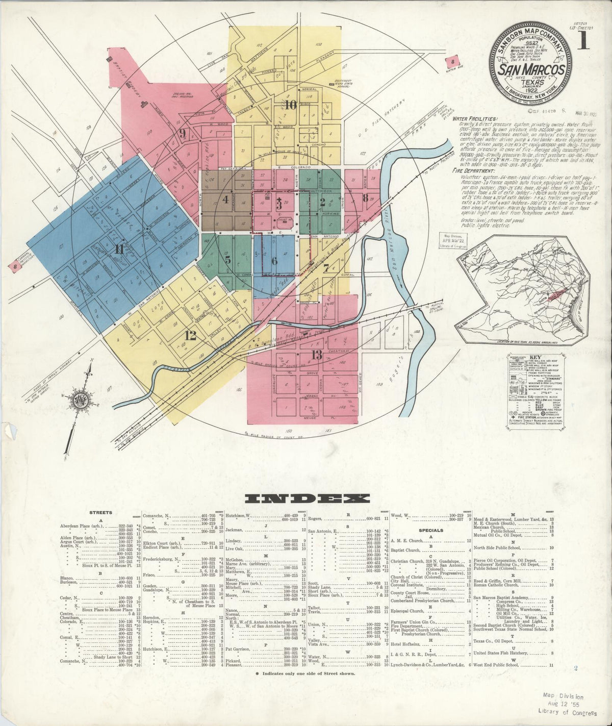 Sanborn Fire Insurance Map from San Marcos, Hays County, Texas (1922), Sheet #0001 - Complete Map Set gallery image, historic Sanborn map, vintage wall art, Texas Texas