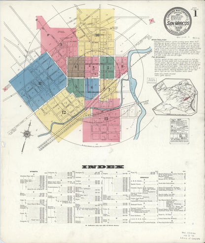 Sanborn Fire Insurance Map from San Marcos, Hays County, Texas (1922), Sheet #0001 - Complete Map Set gallery image, historic Sanborn map, vintage wall art, Texas Texas