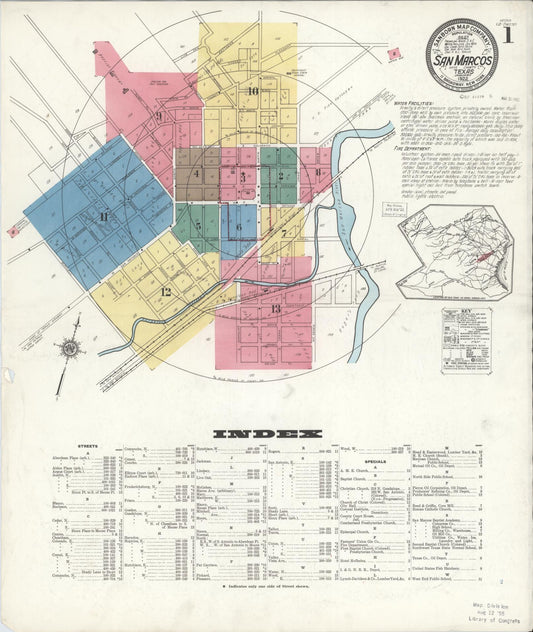 Sanborn Fire Insurance Map from San Marcos, Hays County, Texas (1922), Sheet #0001 - Complete Map Set gallery image, historic Sanborn map, vintage wall art, Texas Texas