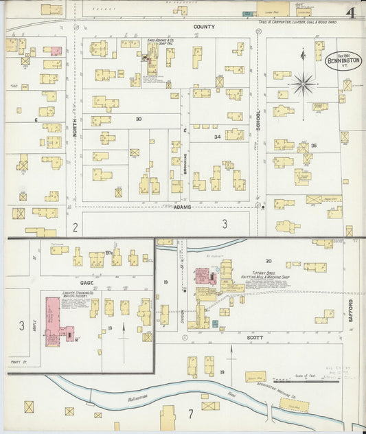 Sanborn Fire Insurance Map from Bennington, Bennington County, Vermont (1901), Sheet #0004 - Historic Sanborn Fire Insurance Map Print, vintage old map wall art, antique decor, genealogy gift, Vermont Vermont map