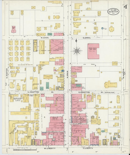 Sanborn Fire Insurance Map from Sumter, Sumter County, South Carolina (1906), Sheet #0004 - Historic Sanborn Fire Insurance Map Print, vintage old map wall art, antique decor, genealogy gift, South Carolina South Carolina map