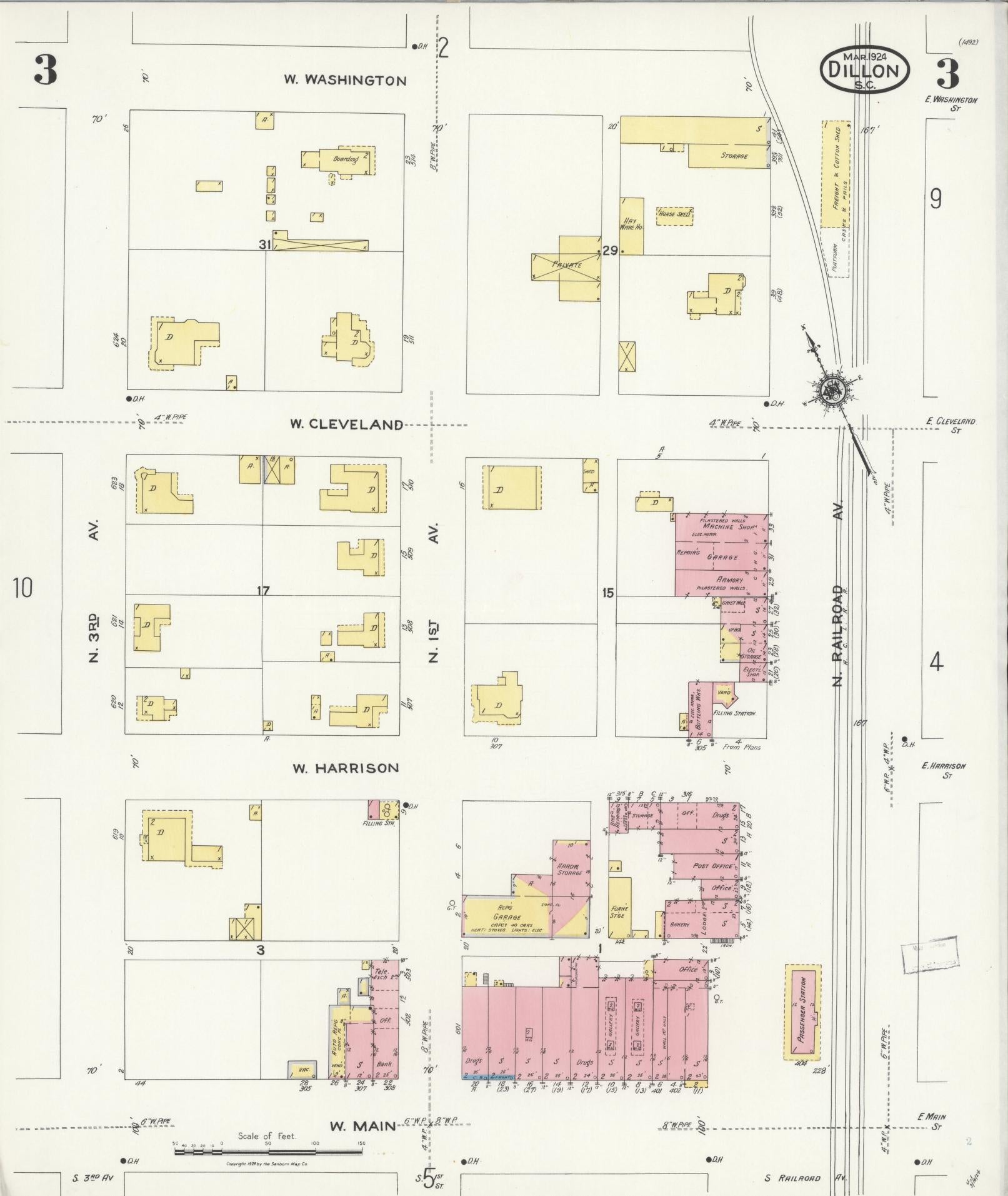 Sanborn Fire Insurance Map from Dillon, Dillon County, South Carolina (1924), Sheet #0003 - Historic Sanborn Fire Insurance Map Print, vintage old map wall art, antique decor, genealogy gift, South Carolina South Carolina map