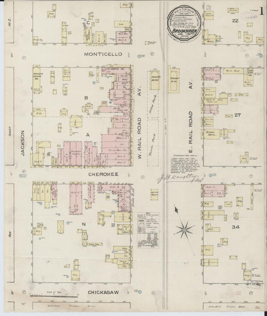 Sanborn Fire Insurance Map from Brookhaven, Lincoln County, Mississippi (1886), Sheet #0001 - Complete Map Set gallery image, historic Sanborn map, vintage wall art, Mississippi Mississippi