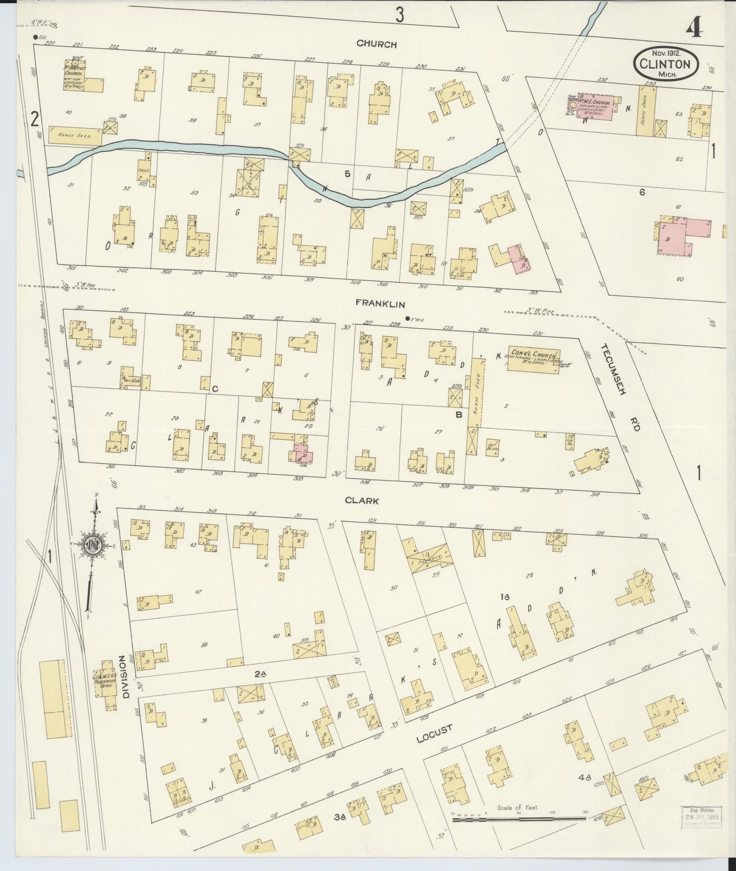 Sanborn Fire Insurance Map from Clinton, Lenawee County, Michigan (1912), Sheet #0004 - Complete Map Set gallery image, historic Sanborn map, vintage wall art, Michigan Michigan